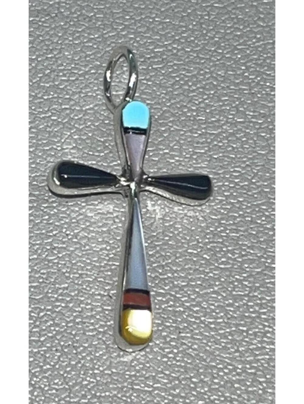 Native American Zuni handmade sterling silver turquoise onyx inlay cross pendant